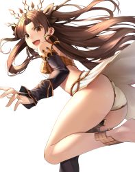 Rule 34 | 1girl, absurdres, anklet, armlet, ass, asymmetrical legwear, asymmetrical sleeves, bare shoulders, blush, breasts, bridal gauntlets, brown eyes, brown hair, crown, earrings, elbow gloves, fate (series), gloves, hair ribbon, highres, hoop earrings, ishtar (fate), jewelry, leg up, long hair, looking at viewer, medium breasts, parted bangs, pelvic curtain, ribbon, simple background, single elbow glove, single thighhigh, smile, solo, star741, thighhighs, two side up, uneven legwear, uneven sleeves, white background