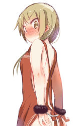 Rule 34 | 1girl, apron, ass, bare back, blonde hair, blush, breasts, closed mouth, cuffs, embarrassed, from behind, highres, ichii yui, looking at viewer, low twintails, medium breasts, medium hair, red apron, simple background, solo, tatsunokosso, twintails, upper body, v-shaped eyebrows, white background, wrist cuffs, yellow eyes, yuyushiki