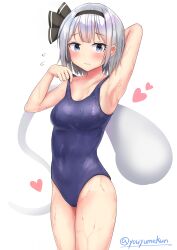 1girl absurdres arm_behind_head armpits black_hairband black_ribbon blue_eyes blue_one-piece_swimsuit blush breasts closed_mouth cowboy_shot grey_hair hair_ribbon hairband heart highres konpaku_youmu konpaku_youmu_(ghost) looking_at_viewer medium_breasts one-piece_swimsuit ribbon short_hair simple_background solo swimsuit third-party_source touhou twitter_username wet white_background youmu-kun