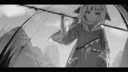 Rule 34 | 1girl, animal hood, blood, blunt bangs, fang, gawr gura, gawr gura (1st costume), greyscale, hand in pocket, highres, hololive, hololive english, hood, hoodie, implied murder, letterboxed, monochrome, mountain, polearm, shark hood, solo, virtual youtuber, weapon, weizen, wide sleeves