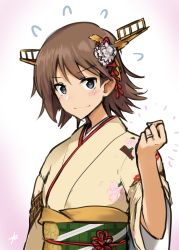 Rule 34 | 1girl, blush, brown eyes, clenched hand, commentary request, ebizome, floral print, flying sweatdrops, gradient background, hair ornament, headgear, hiei (kancolle), highres, japanese clothes, jewelry, kantai collection, kimono, looking at viewer, obi, official alternate costume, one-hour drawing challenge, ring, sash, short hair, signature, simple background, solo, wedding band, wide sleeves