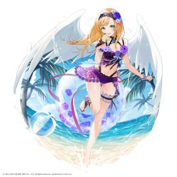Rule 34 | 1girl, :p, beach, bikini, blonde hair, blue flower, feathered wings, fingernails, flower, full body, green eyes, hair flower, hair ornament, highres, holding, ice cream cone, long hair, looking at viewer, nail polish, ocean, official art, palm tree, purple bikini, purple nails, smile, sogawa, solo, spread wings, square enix, standing, standing on one leg, swimsuit, thigh gap, toenail polish, toenails, tongue, tongue out, tree, water, watermark, white wings, wings, wristband