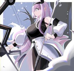 Rule 34 | 1girl, absurdres, arknights, arrow (projectile), black hairband, black pantyhose, black shirt, bow (weapon), breasts, closed mouth, compound bow, hair between eyes, hairband, highres, holding, holding arrow, holding bow (weapon), holding weapon, horns, long hair, medium breasts, pantyhose, pink hair, profile, purple eyes, shirt, skirt, sleeveless, sleeveless shirt, solo, spam (spamham4506), standing, typhon (arknights), very long hair, weapon, white skirt