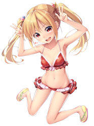 Rule 34 | 1girl, :d, bikini, blonde hair, commentary request, double w, frilled bikini, frills, full body, hair ornament, hands up, heart, long hair, looking at viewer, navel, nullken, open mouth, original, plaid, plaid bikini, red bikini, simple background, smile, solo, swimsuit, twintails, w, white background
