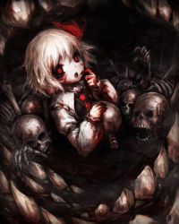 Rule 34 | 1girl, :o, blonde hair, blood, blood on clothes, blood on face, blood on hands, finger to face, hair ribbon, highres, horror (theme), juliet sleeves, long sleeves, looking at viewer, necktie, open mouth, puffy sleeves, reclining, red eyes, red necktie, ribbon, ribs, rumia, short hair, skeletal arm, skeleton, skirt, skirt set, skull, solo, spark621, spine, touhou