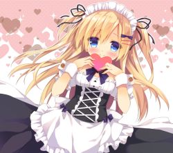 Rule 34 | 1girl, apron, bad id, bad pixiv id, black ribbon, black skirt, blonde hair, blue eyes, blush, bow, box, breasts, closed mouth, commentary request, dutch angle, frilled apron, frilled shirt, frills, gift, hair between eyes, hair bow, hair ornament, hair ribbon, hairclip, heart, heart-shaped box, holding, holding gift, long hair, looking at viewer, maid, maid headdress, original, puffy short sleeves, puffy sleeves, purinpurin, purple bow, ribbon, shirt, short sleeves, skirt, small breasts, smile, solo, sparkle, two side up, underbust, valentine, very long hair, waist apron, white apron, white background, white shirt, wrist cuffs