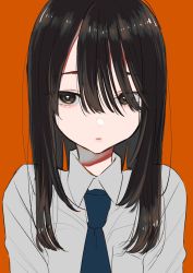 Rule 34 | 1girl, blue necktie, brown eyes, brown hair, collared shirt, grey shirt, hair over one eye, highres, kawai rou, looking at viewer, necktie, orange background, original, parted lips, shirt, simple background, solo, upper body, wing collar