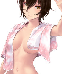 Rule 34 | 1girl, blush, breasts, brown eyes, brown hair, closed mouth, hair between eyes, hand up, highres, looking at viewer, medium breasts, navel, nude, original, short hair, simple background, solo, standing, towel, towel around neck, towel over breasts, wa (genryusui), white background