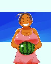 Rule 34 | 1girl, bare shoulders, black hair, breasts, cleavage, closed eyes, food, fruit, grin, large breasts, short hair, simple background, smile, solo, squarewave, tan, tanline, watermelon