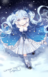 Rule 34 | 1girl, :d, blue bow, blue eyes, blue hair, bow, character name, choker, cloak, constellation, crescent, cross-laced footwear, dress, earmuffs, eyebrows, fingerless gloves, from above, full body, fuyu no yoru miku, gloves, hair bow, hair ornament, hatsune miku, highres, hood, hood down, hooded cloak, jewelry, linfi-muu, long hair, looking at viewer, loose socks, matching hair/eyes, md5 mismatch, neck ribbon, night, night sky, open mouth, outdoors, pendant, pom pom (clothes), ribbon, shoes, sky, smile, sneakers, snow, snowing, socks, solo, star (sky), star (symbol), star hair ornament, starry sky, starry sky print, striped clothes, striped dress, symbol-shaped pupils, twintails, very long hair, vocaloid, walking, white socks