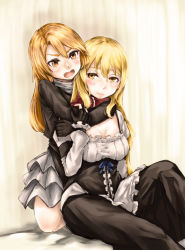 Rule 34 | 2girls, arms around neck, black coat, black dress, black gloves, blonde hair, blouse, blush, breasts, cleavage, closed mouth, coat, commentary request, cookie (touhou), dress, feet out of frame, gloves, haiperion buzan, hair between eyes, kirisame marisa, long dress, long hair, long sleeves, looking at another, mars (cookie), medium breasts, multiple girls, open mouth, partially fingerless gloves, petticoat, rei (cookie), shirt, smile, touhou, white shirt, yellow eyes