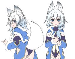 Rule 34 | 1girl, absurdres, animal ears, ass, bad id, bad twitter id, blue eyes, blush, detached sleeves, extra ears, female focus, fox ears, fox tail, fur trim, highres, leotard, looking at viewer, niwaka potato, open mouth, original, own hands together, pointy ears, solo, tail, thighhighs, white thighhighs