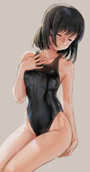 Rule 34 | 1girl, black hair, black one-piece swimsuit, breasts, commentary request, competition swimsuit, closed eyes, grey background, hand on own chest, invisible chair, katahira masashi, one-piece swimsuit, original, short hair, simple background, sitting, small breasts, solo, swimsuit, wet, wet clothes, wet swimsuit