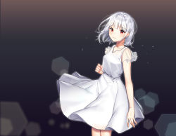 Rule 34 | 1girl, absurdres, bare arms, blush, breasts, collarbone, commentary request, dress, highres, k2h, looking at viewer, medium breasts, original, see-through, short hair, smile, solo, white dress, white hair