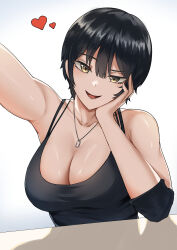 Rule 34 | 1girl, :d, absurdres, arm up, bare shoulders, black hair, breasts, camisole, character request, cleavage, commentary, copyright request, grey eyes, hand up, heart, highres, large breasts, looking at viewer, mchiefy, open mouth, short hair, smile, solo, spaghetti strap, upper body