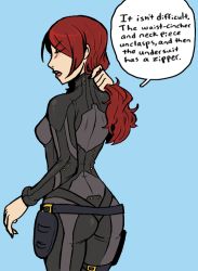 Rule 34 | 1girl, alternate costume, artist request, ass, atlus, blue background, blush, bodysuit, commentary, english text, closed eyes, from behind, holster, kirijou mitsuru, lipstick, makeup, megami tensei, persona, persona 3, persona 4: the ultimate in mayonaka arena, ponytail, red hair, shin megami tensei, solo