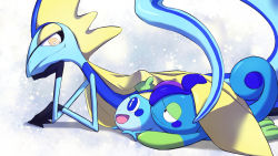 Rule 34 | blue eyes, bright pupils, closed mouth, commentary request, creatures (company), drizzile, evolutionary line, furry, game freak, gen 8 pokemon, head rest, highres, inteleon, lying, marutto inte, nintendo, on stomach, open mouth, pokemon, pokemon (creature), smile, sobble, toes, tongue, white pupils, yellow eyes