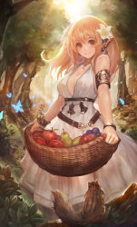 Rule 34 | 1girl, apple, armlet, bare shoulders, basket, belt, blonde hair, blush, bracelet, breasts, brown eyes, bug, butterfly, chipmunk, cleavage, dress, ear covers, earrings, elf, flower, food, forest, fruit, grin, hair flower, hair ornament, highres, holding, insect, jewelry, large breasts, lily (flower), long hair, looking at viewer, lots of jewelry, nature, necklace, orange hair, original, outdoors, pear, pendant, pointy ears, sleeveless, sleeveless dress, smile, solo, squirrel, standing, sunlight, tree, white dress, yaoya musuko