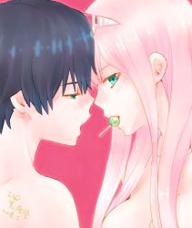 Rule 34 | 10s, 1boy, 1girl, black hair, blue eyes, blush, breasts, candy, commentary request, couple, darling in the franxx, face-to-face, facing another, food, forehead-to-forehead, fringe trim, green eyes, hair ornament, hair over breasts, hairband, heads together, hetero, hiro (darling in the franxx), horns, in mouth, large breasts, lollipop, long hair, looking at another, oni horns, pink hair, red horns, topless male, short hair, straight hair, usagizado, white hairband, zero two (darling in the franxx)