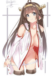 Rule 34 | 10s, 1girl, bare shoulders, breasts, brown hair, cleavage, detached sleeves, grey eyes, headgear, isshiki (ffmania7), kantai collection, kongou (kancolle), kongou kai ni (kancolle), large breasts, long hair, looking at viewer, nontraditional miko, panties, smile, solo, thighhighs, twintails, underwear, undressing, white panties
