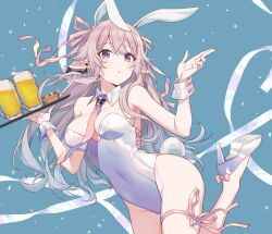 Rule 34 | 1girl, animal ears, armpits, bare shoulders, breasts, bright pupils, covered navel, cowboy shot, cup, detached collar, drinking glass, earrings, fake animal ears, fake tail, gradient hair, hair ribbon, hands up, high heels, highleg, highleg leotard, holding, jewelry, leg up, leotard, long hair, looking at viewer, marinoa truless, medium breasts, multicolored hair, necktie, original, playboy bunny, pointy ears, purple eyes, rabbit ears, rabbit tail, ribbon, solo, strapless, strapless leotard, tail, thigh strap, thighs, tomari (veryberry00), tray, very long hair, white footwear, white hair, white leotard, wrist cuffs