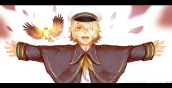 Rule 34 | 1boy, absurdres, bandage over one eye, bird, blonde hair, character name, hat, highres, incoming hug, james (vocaloid), letterboxed, male focus, missingcat318, oliver (vocaloid), open mouth, outstretched arms, sailor, sailor hat, short hair, solo, vocaloid, yellow eyes