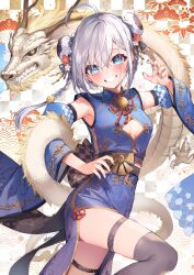 Rule 34 | 1girl, 2024, ahoge, antlers, black sclera, blue dress, blue eyes, blue sleeves, braid, breasts, china dress, chinese clothes, chinese zodiac, cleavage cutout, clenched teeth, clothing cutout, colored sclera, detached sleeves, double bun, dragon, dress, eastern dragon, grey hair, grey nails, grin, hair bun, highres, horns, looking at viewer, medium breasts, mizuiro raika, new year, original, side slit, slit pupils, smile, solo, teeth, thighhighs, wide sleeves, year of the dragon