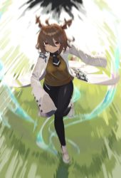 Rule 34 | 1girl, agnes tachyon (umamusume), ahoge, animal ears, black neckwear, black pantyhose, black shirt, brown hair, brown sweater, commentary request, eyebrows hidden by hair, hair between eyes, highres, horse ears, horse girl, horse tail, lab coat, motion blur, natori youkai, open clothes, pantyhose, parted lips, red eyes, running, shirt, shoes, sleeves past fingers, sleeves past wrists, smile, solo, sweater, tail, umamusume, white footwear