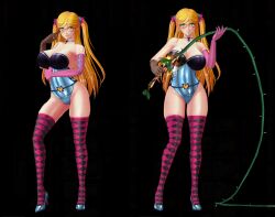 Rule 34 | 1girl, 3d, action taimanin, adapted costume, alternate color, blonde hair, bodysuit, breasts, cleavage, curvy, elbow gloves, glasses, gloves, green eyes, high heels, highres, kosaka shizuru, large breasts, leotard, lilith-soft, long hair, looking at viewer, looking back, multiple views, screencap, shiny clothes, shiny skin, skin tight, smile, standing, taimanin (series), taimanin yukikaze, thighhighs, twintails, very long hair, weapon, whip