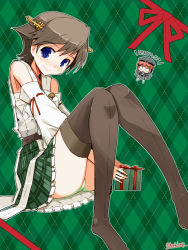 Rule 34 | 10s, 2girls, afterimage, bare shoulders, beret, between legs, black legwear, blue eyes, blue hat, blush, box, brown hair, chibi, chibi inset, closed mouth, detached sleeves, from side, gift, gift box, green background, green panties, hairband, hand between legs, hat, head tilt, hiei (kancolle), holding, holding gift, kanoe soushi, kantai collection, knees together feet apart, motion lines, multiple girls, nontraditional miko, nose blush, open mouth, panties, pantyshot, plaid, plaid background, plaid skirt, pleated skirt, red ribbon, ribbon, ribbon-trimmed sleeves, ribbon trim, sarashi, short hair, sitting, skirt, smile, thighhighs, translation request, triangle mouth, twitter username, underwear, waving arms, z3 max schultz (kancolle)