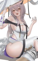 Rule 34 | 1girl, absurdres, arm up, bare shoulders, breasts, brown eyes, commentary, cup, goddess of victory: nikke, grey hair, hair between eyes, hair ornament, hairpin, hand up, hat, highres, holding, holding cup, jingasa, kurone rinka, large breasts, leotard, long hair, looking at viewer, open mouth, scarlet (nikke), simple background, sitting, smile, solo, teeth, thighhighs, thighs, upper teeth only, white background, white leotard, white thighhighs