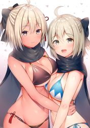 Rule 34 | 2girls, :d, absurdres, ahoge, aozora nan, asymmetrical docking, bare arms, bare shoulders, bikini, black bikini, black bow, black eyes, black scarf, blonde hair, blue bikini, blush, bow, breast press, breasts, cleavage, closed mouth, commentary request, fate/grand order, fate (series), gradient background, hair bow, half updo, highres, hug, large breasts, looking at viewer, multiple girls, navel, okita souji (fate), okita souji (koha-ace), okita souji alter (fate), okita souji alter (first ascension) (fate), open mouth, scarf, short hair, short ponytail, side-tie bikini bottom, smile, stomach, string bikini, swimsuit, tassel, underboob, white background