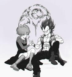 Rule 34 | 1boy, 1girl, abs, absurdres, alternate costume, alternate hairstyle, amachu a, artist name, bare pectorals, belt, boots, breasts, bulma, cigarette, cleavage, commentary, cross, cross necklace, dragon ball, dragon ball super, earrings, english commentary, goth fashion, greyscale, highres, jewelry, medium breasts, monochrome, multiple bracelets, muscular, muscular male, necklace, no eyebrows, pectorals, see-through, see-through cleavage, single earring, smoking, torn vest, ultra ego (dragon ball), vegeta, widow&#039;s peak