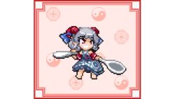 Rule 34 | blue dress, chibi, commically large spoon, dress, giant spoon, holding, holding spoon, holding weapon, horns, mini-hakkero, nukekip, pixel art, red background, red eyes, red horns, red sleeves, sheep girl, sheep horns, silver hair, smile, spoon, tagme, thick eyebrows, touhou, sunken fossil world, toutetsu yuuma, weapon, yin yang