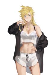 Rule 34 | 1girl, alternate hair length, alternate hairstyle, aqua eyes, bangle, black bra, black shirt, blonde hair, body writing, boyshort panties, bra, bracelet, breasts, cloud strife, collarbone, commentary request, contrapposto, crop top, final fantasy, final fantasy vii, genderswap, genderswap (mtf), hand on own hip, highres, jewelry, large breasts, long hair, looking at viewer, lowleg, lowleg shorts, narrow waist, navel, off-shoulder shirt, off shoulder, open clothes, open shirt, see-through, shirt, shorts, solo, standing, toned, underwear, white background, white shorts, xianyu314
