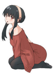 Rule 34 | 1girl, backless outfit, bare shoulders, between legs, black hair, black pantyhose, blush, breasts, commentary, from side, full body, hairband, hand between legs, highres, kakiyuki, looking at viewer, medium breasts, medium hair, off-shoulder sweater, off shoulder, open mouth, pantyhose, red eyes, red sweater, ribbed sweater, seiza, sidelocks, simple background, sitting, solo, spy x family, sweater, white background, yor briar