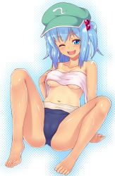 Rule 34 | 1girl, arm support, bad id, bad pixiv id, barefoot, blue eyes, blue hair, blush, braid, feet, female focus, hair bobbles, hair ornament, hat, kawashiro nitori, leaning back, matching hair/eyes, md5 mismatch, one eye closed, open mouth, saemon (tonpura), smile, solo, spread legs, sweat, swimsuit, tan, tanline, toes, topless, touhou, towel, twin braids, two side up, wink