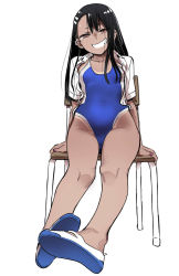 Rule 34 | 1girl, 774 (nanashi), black hair, blue one-piece swimsuit, brown eyes, chair, collared shirt, commentary request, covered navel, dark-skinned female, dark skin, earclip, foreshortening, full body, grin, hair between eyes, hair ornament, hairclip, half-closed eyes, highres, ijiranaide nagatoro-san, long hair, looking at viewer, nagatoro hayase, no socks, one-piece swimsuit, one-piece tan, open clothes, open shirt, original, school swimsuit, shirt, shoes, short eyebrows, simple background, sitting, smile, smug, solo, swimsuit, tan, tanline, thighs, uwabaki, white background, white shirt