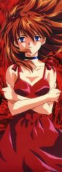 Rule 34 | 1girl, artist request, bare arms, bare shoulders, blue eyes, breasts, brown hair, choker, crossed arms, dress, long hair, neon genesis evangelion, red dress, red hair, sleeveless, solo, souryuu asuka langley, upper body
