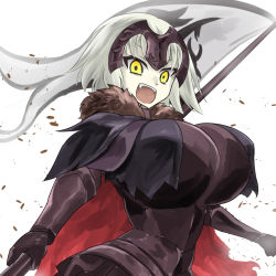 Rule 34 | 1girl, breasts, fate/grand order, fate (series), flag, fur trim, grey hair, headpiece, huge breasts, jeanne d&#039;arc (fate), jeanne d&#039;arc alter (avenger) (fate), jeanne d&#039;arc alter (fate), open mouth, oro (zetsubou girl), short hair, simple background, smile, solo, upper body, white background, yellow eyes