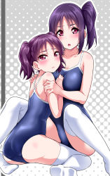 Rule 34 | 10s, 2girls, arm between breasts, ass, bare arms, between breasts, blush, breasts, collarbone, commentary request, embarrassed, halftone, halftone background, highres, hug, kazuno leah, kazuno sarah, love live!, love live! school idol project, medium breasts, multiple girls, one-piece swimsuit, outline, polka dot, polka dot background, purple eyes, purple hair, saint snow, school swimsuit, seiza, siblings, side ponytail, sisters, sitting, spread legs, swimsuit, thighhighs, twintails, white legwear, yopparai oni