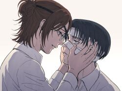 Rule 34 | 1boy, 1other, bandaged head, bandages, black hair, brown eyes, brown hair, collared shirt, commentary request, eyepatch, frown, glasses, grey eyes, hands on another&#039;s cheeks, hands on another&#039;s face, hange zoe, height difference, highres, levi (shingeki no kyojin), shingeki no kyojin, shirt, short ponytail, smile, yonchi