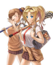 Rule 34 | 10s, 2girls, bag, bag charm, beatrix (granblue fantasy), blonde hair, blue eyes, blue necktie, breasts, brown eyes, brown hair, cardigan, carrying over shoulder, character charm, character doll, charm (object), clothes around waist, collared shirt, contemporary, covering own mouth, cowboy shot, dress shirt, eyelashes, fingernails, granblue fantasy, hair intakes, hair ornament, hair scrunchie, hairband, holding, lacrosse stick, large breasts, long fingernails, long hair, looking at viewer, miniskirt, multiple girls, necktie, one eye closed, parted bangs, plaid, plaid skirt, pleated skirt, ponytail, red necktie, school bag, school uniform, scrunchie, shirt, short sleeves, shoulder bag, simple background, skirt, smile, stuffed animal, stuffed toy, sweater, sweater around waist, sweater vest, tears, twintails, vyrn (granblue fantasy), w, walking, white background, white shirt, wolfedge, yawning, zeta (granblue fantasy)