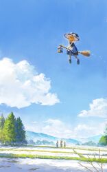 Rule 34 | 1girl, 3others, blonde hair, blue sky, broom, broom riding, cloud, cloudy sky, day, fjsmu, hat, highres, horizon, house, kirisame marisa, landscape, lantern, looking ahead, mountain, multiple others, ocean, outdoors, scenery, sky, solo, touhou, tree, witch hat