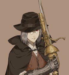 Rule 34 | 1boy, arizuka (catacombe), bloodborne, brown background, brown cape, brown hat, brown vest, cape, closed mouth, dress shirt, gauntlets, glasses, hat, highres, holding, holding sword, holding weapon, looking at viewer, red eyes, shirt, simple background, solo, striped clothes, striped vest, sword, upper body, vest, weapon, white shirt