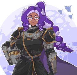 1girl armor breasts catboi_arry crossover dark-skinned_female dark_skin glasses helldiver_(helldivers) helldivers_(series) helmet highres holding holding_helmet indie_virtual_youtuber large_breasts long_hair looking_at_viewer momma_occo nintendo octoling purple_eyes purple_hair purple_lips round_eyewear solo splatoon_(series) tentacle_hair unworn_headwear unworn_helmet virtual_youtuber