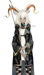 Rule 34 | 1girl, absurdres, animal ears, arknights, artist name, beeswax (arknights), black collar, black jacket, collar, cowboy shot, dark-skinned female, dark skin, dress, enne kl, goat ears, goat girl, goat horns, hair between eyes, highres, horns, jacket, leg wrap, long hair, long sleeves, looking at viewer, low twintails, open clothes, open jacket, simple background, solo, straight-on, twintails, white background, white dress, white hair, yellow eyes