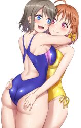 Rule 34 | 2girls, :d, ahoge, ass, asymmetrical docking, bare shoulders, blue eyes, blue one-piece swimsuit, blush, bow, breast press, breasts, brown hair, closed mouth, commentary request, commission, competition swimsuit, grey hair, hair bow, hand on another&#039;s ass, highleg, highleg swimsuit, highres, hug, looking at another, love live!, love live! sunshine!!, medium breasts, mibushiro, multiple girls, one-piece swimsuit, open mouth, pixiv commission, red eyes, short hair, simple background, smile, swimsuit, takami chika, thighs, watanabe you, wedgie, white background, yellow bow, yellow one-piece swimsuit, yuri