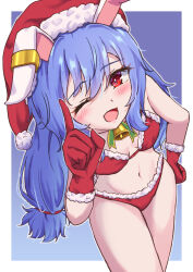 Rule 34 | 1girl, alternate costume, animal ears, bell, bikini, blue hair, blush, commentary request, earclip, fur-trimmed gloves, fur trim, gloves, hand on own hip, hat, highres, index finger raised, long hair, looking at viewer, mizunisabano, neck bell, one eye closed, open mouth, rabbit ears, red eyes, red gloves, santa bikini, santa hat, seiran (touhou), smile, solo, swimsuit, touhou