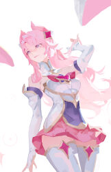 Rule 34 | 1girl, absurdres, bare shoulders, bow, breasts, closed mouth, cowboy shot, detached collar, elbow gloves, gem, gloves, hair ornament, hand up, highres, kai&#039;sa, league of legends, long hair, medium breasts, miniskirt, official alternate costume, pink background, pink eyes, pink hair, pink skirt, qchbtb, red bow, skirt, solo, star guardian (league of legends), star guardian kai&#039;sa, thighhighs, white background, white gloves, white thighhighs